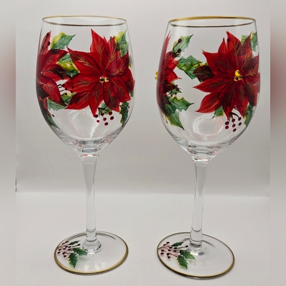 Hand Painted Poinsettia Wine Glasses with Gold Trim – Christmas Set of 2 - Picture 4 of 8